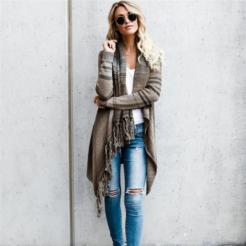 2019  Women Winter Tassel Irregular Cardigan Knitted Elegant Sweater Poncho Shawl Coat Jacket Casual Outwear #4M21 (5)
