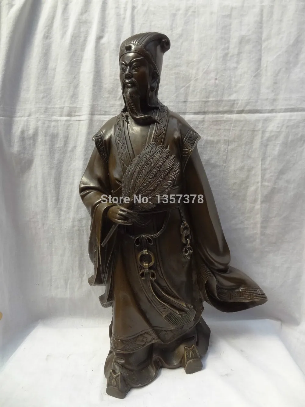 

shitou 00550 20" Chinese Pure Bronze Stand Militarist ZhuGeLiang KongMing Feather Fan Statue discount 30% (C0324)
