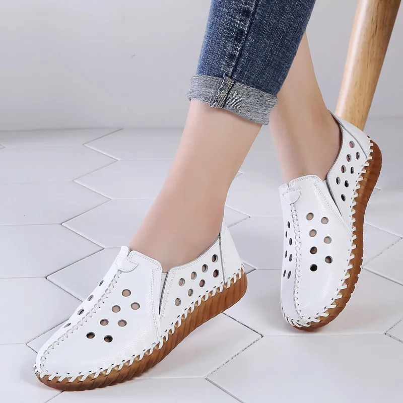 PINSEN Autumn Women Flats Shoes Handmade Genuine Leather Slip-on Shoes Woman Moccasins Ladies Oxfords Ballerina Flats Shoes - Цвет: 050 Summer White