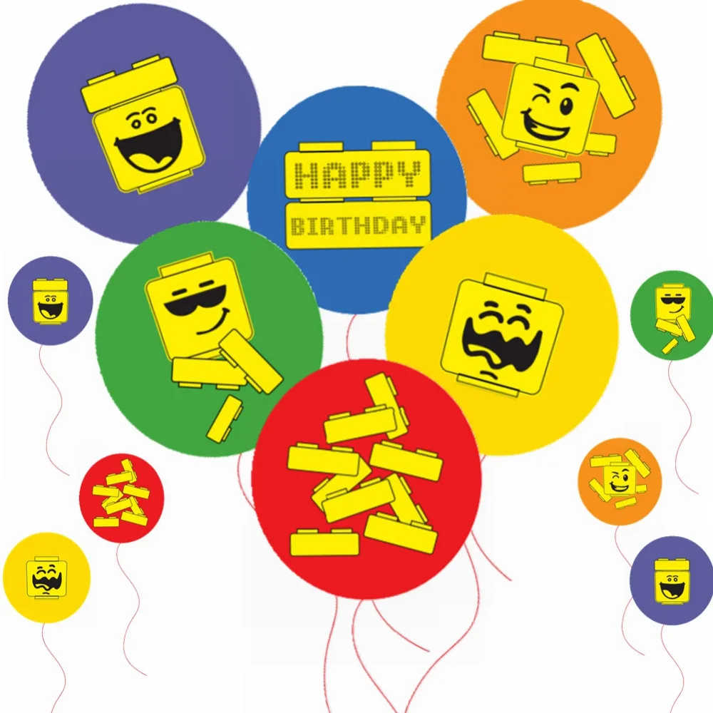 

Pack of 18 10inch 25cm Building Block Party Balloons with 4 Fun Character Patterns Brick Theme Baby Boy Kids Birthday Shower