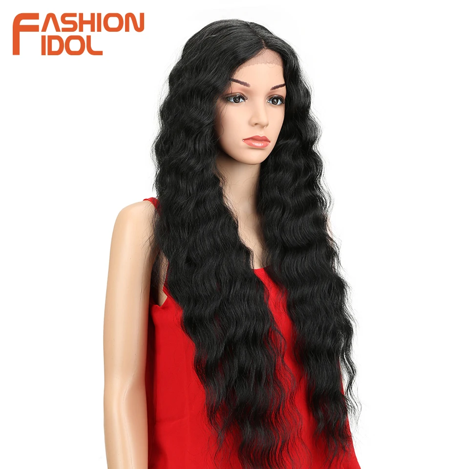 FASHION IDOL Water Wave Lace Wig Natural Hair Wig Cosplay Black 30 Inch Deep Wave Super Long Wavy Synthetic Wigs For Black Women