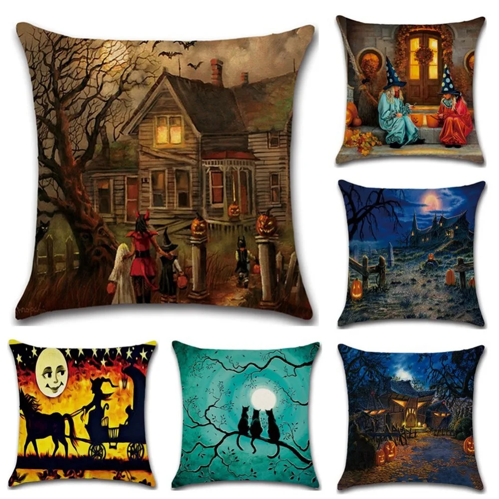 

Meijuner Halloween Cushion Cover High Qulity Cotton Linen Pumpkin Cat Bat Crow Printed Decorative Pillow Case For Sofa Bedroom