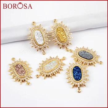 

BOROSA 10PCS Sparkling Micro Pave CZ Crystal Man-made Druzy Gold Connectors Double Charms for Necklace Jewelry Making WX890