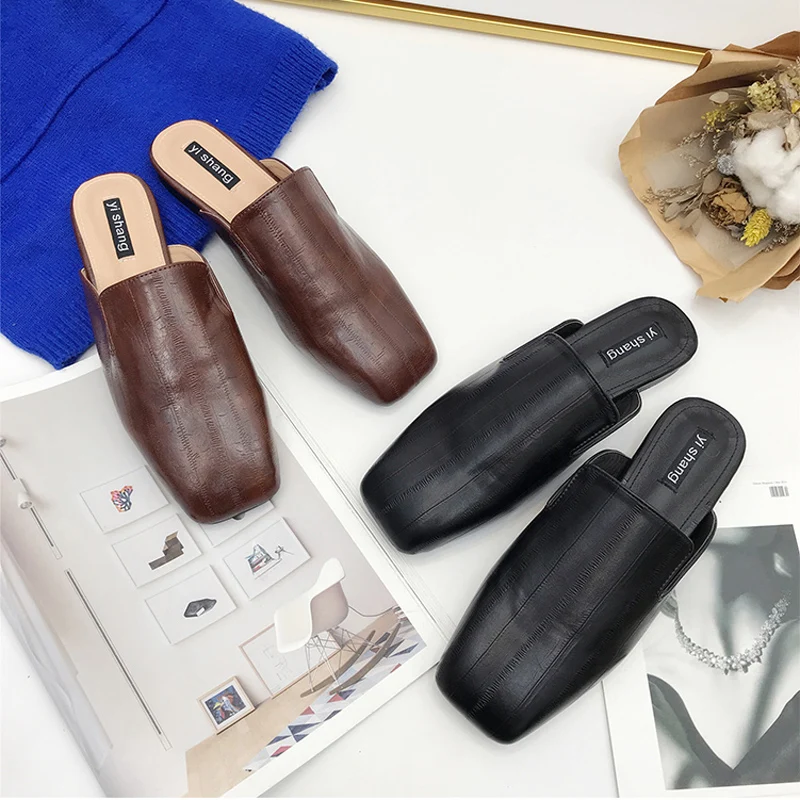 

Flats Slippers Woman Shoes Stripe Square toe Mules Casual Slip on Slides loafers shallow Flip flops Sandalias mujer black Brown
