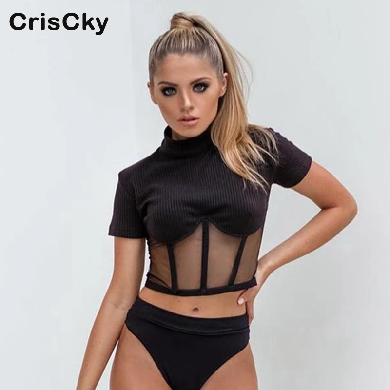 

CRISCKY Hot Summer Sexy T Shirt Women O Neck Short Sleeve Mesh Patchwork Slim Tops Female Party Club Tees Tops Ladies Tshirts