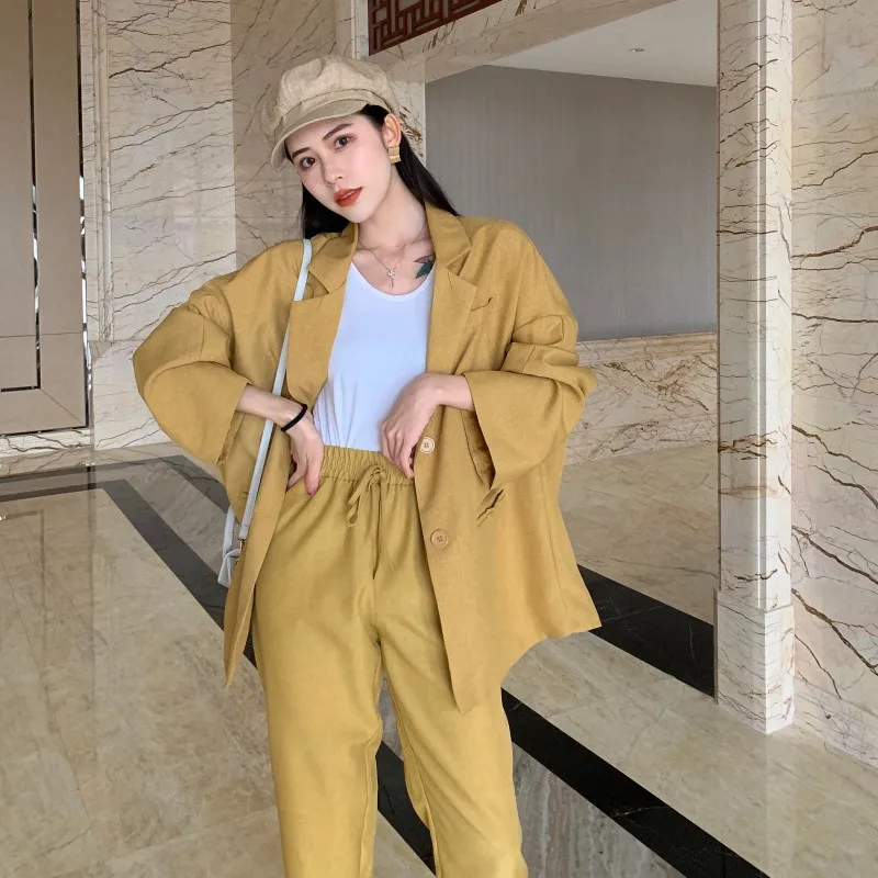 

Medium long suit female 2019 spring and autumn new fashion wild loose suit jacket wide leg pants two sets of women's clothes