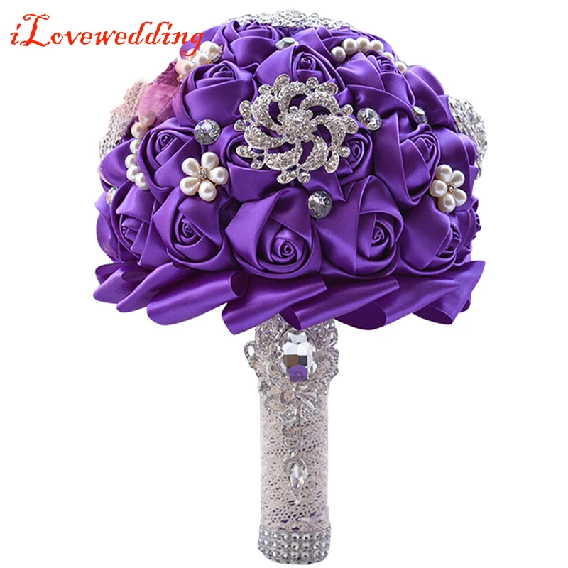 ILoveWedding дизайн фиолетовый/розовый/слоновая кость/оранжевый Свадебный букет Шелковая Роза цветок с хрустальными бусинами женские свадебные букеты