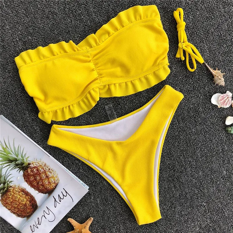 

Bikini 2018 Maillot De Bain Femme Bathing Suit Women Pure Color Sexy Wrapped Chest Ruffle Bikini Set Swimsuit Biquinis Feminino