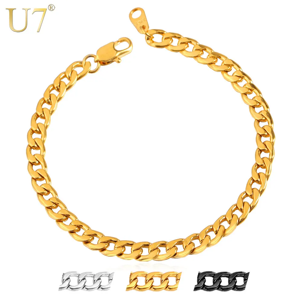 U7 браслет мужские украшения HipHop золотой цвет нержавеющая сталь 21 см 5 мм кубинский панцирный браслет-цепочка, H647