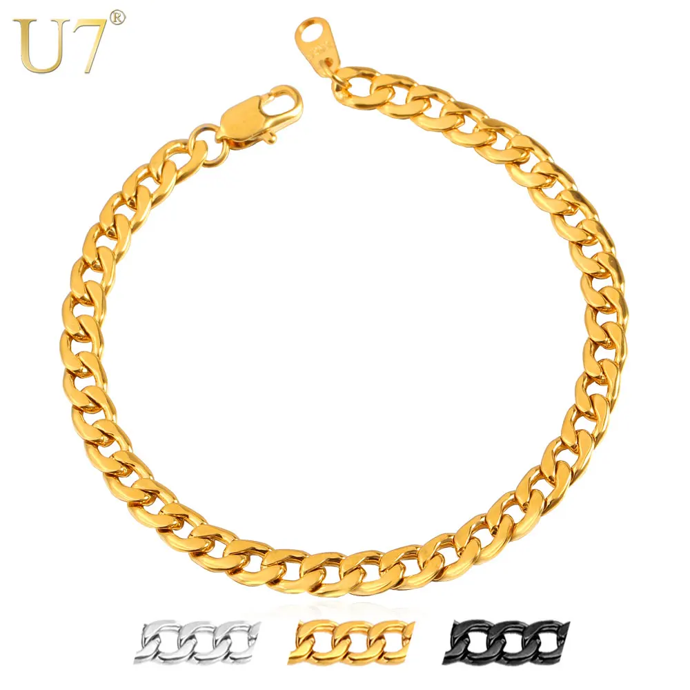 

U7 Bracelet Hiphop Men Jewelry Gold Color Stainless Steel 21 cm 5 mm Cuban Curb Chain Bracelet Wholesale H647
