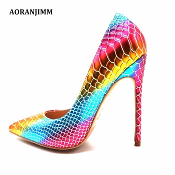 

Free shipping real pic AORANJIMM hot sale outstanding colorful python snake pointed toe women lady 120mm 10cm high heel shoes