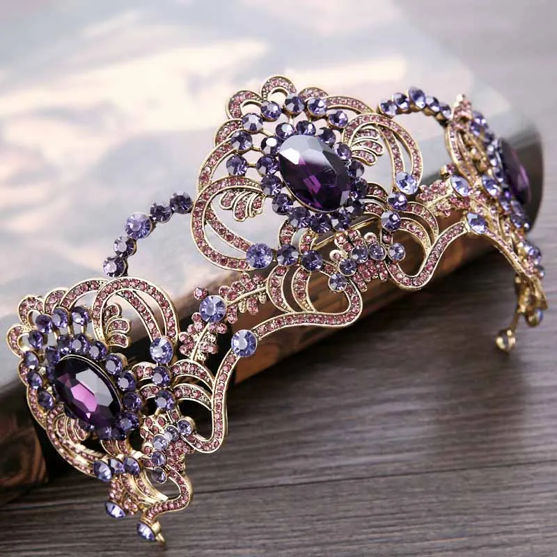 Большой винтажный барокко Фиолетовый Кристалл Королева Принцесса Корона с гребнем для волос свадебная тиара Пром стразы женские аксессуары - Окраска металла: big purple tiara