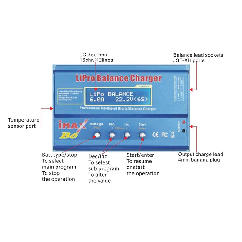 Écran du chargeur IMAX B6 50W affichant les paramètres de charge pour batteries LiPo