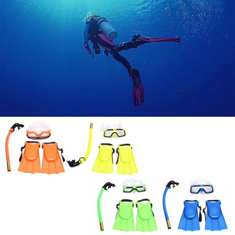 

Daving Sets Kids Child Glasses Snorkel Scuba Tube Silicone Flippers Set Outdoor Swimming Snorkel Breathing Anti Fog Diving Set