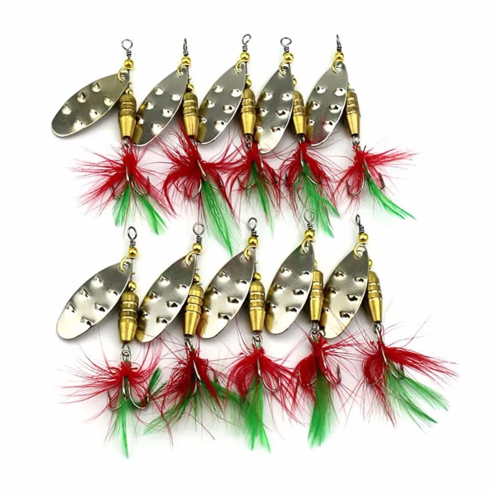 10x Spinner baits Feather Spoons Fishing Lure Metal /Feather Bait 8.4g