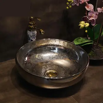 

Gold/Silver Europe Vintage Style Art wash basin Ceramic bowl sink Counter Top ceramic Wash Basin Bathroom Sink
