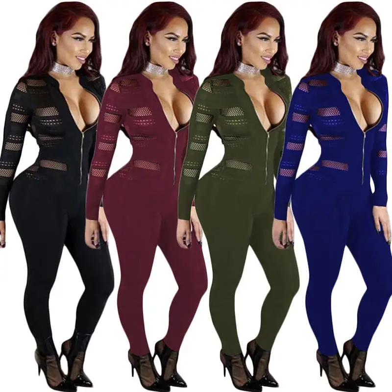 Buy Women Long Sleeve Hollow Out Jumpsuit Transparent Sexy Ladies Skinny