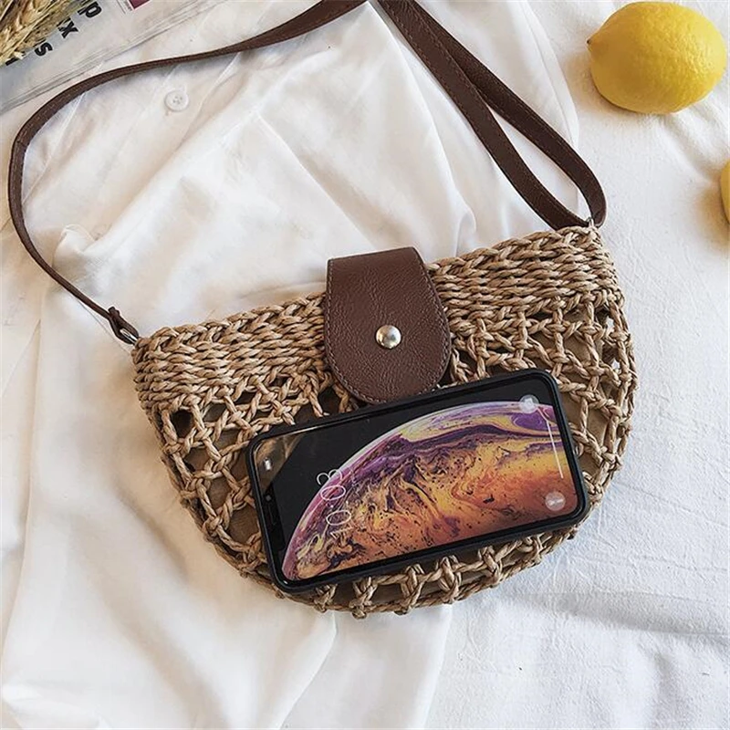 Summer Rattan Bags Women Saddle Straw Shoulder Bag Handmade Woven Crossbody Bag Lady Handbags Bohemia Travel Clutch Beach Bag