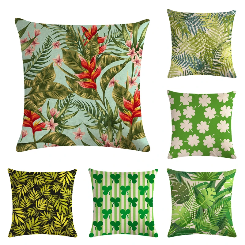 

Tropical Plants Green Leaves Monstera Cushion Covers Hibiscus Flower Cushion Cover Decorative Beige Linen Pillow Case