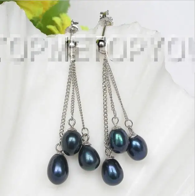 

Wholesale price 16new ^^^^Genuine 9mm Dangle navy blue Freshwater pearls Earrings 925s post E1709 -Bride jewelry free shipping