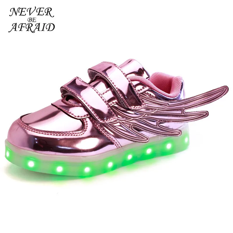 

Fashion Baby Boy Girl Led Charging Shoes Wing Decoration Kid Light Up Sneaker Luminous Unisex Children Sport Hook Solid Shoes