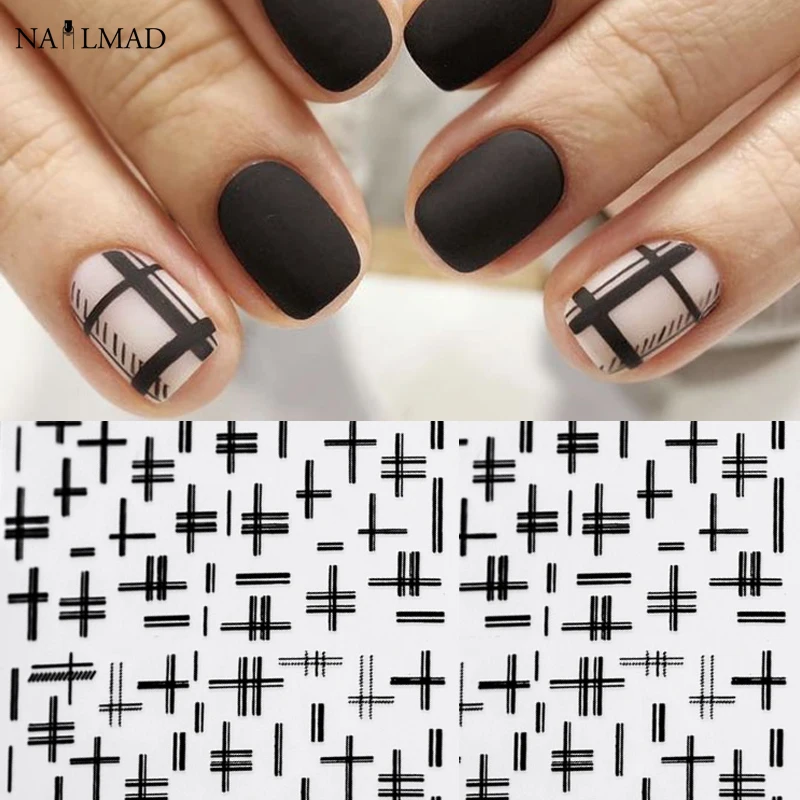 

1pc Plaid Nail Art Sticker White Black Lines Nail Decal Cross Nail Adhesive Sticker Decals Nail Decoration DIY
