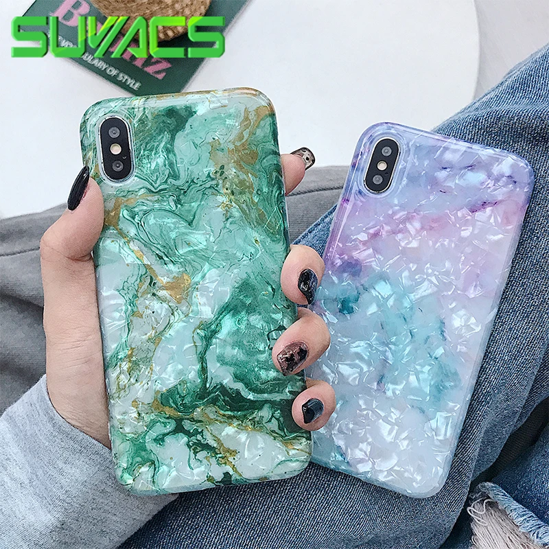 

SUYACS Dream Shell Marble Phone Case For iPhone XS Max XR 6 6S 7 8 Plus X Glossy Soft IMD Full Body Phone Back Cover Shell Gifts
