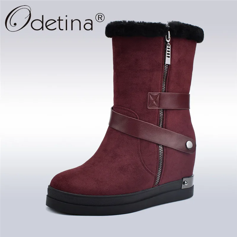 

Odetina Suede Leather Female Snow Boots Platform Flat Fashion Height Increasing Women Ankle Boots Side Zipper Winter Warm Shoes