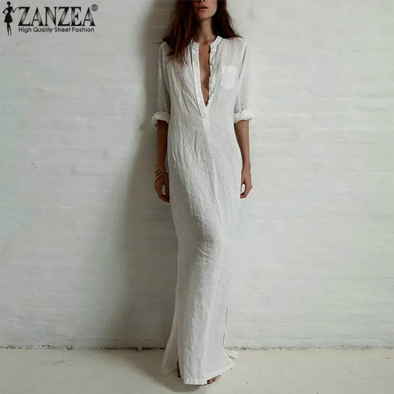 Zanzea Vestidos Осень 2019 г. женское платье повседневное Sexy Глубокий V средства ухода за кожей Шеи с длинным рукавом разделение модные однотонные