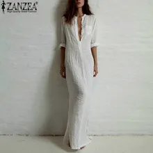 ZANZEA Vestidos 2018 осеннее женское платье Повседневное Sexy Глубокий V Средства ухода за кожей шеи с длинным рукавом Разделение модные однотонные длинные Макси платья