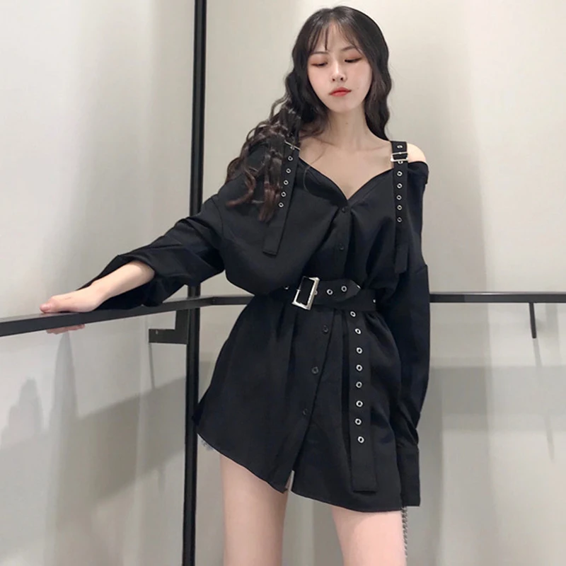 

2019 Summer Solid Shirt dress women Fashion sexy V-Neck Long sleeve belt Mini Dress female casual loose plus size Dresses