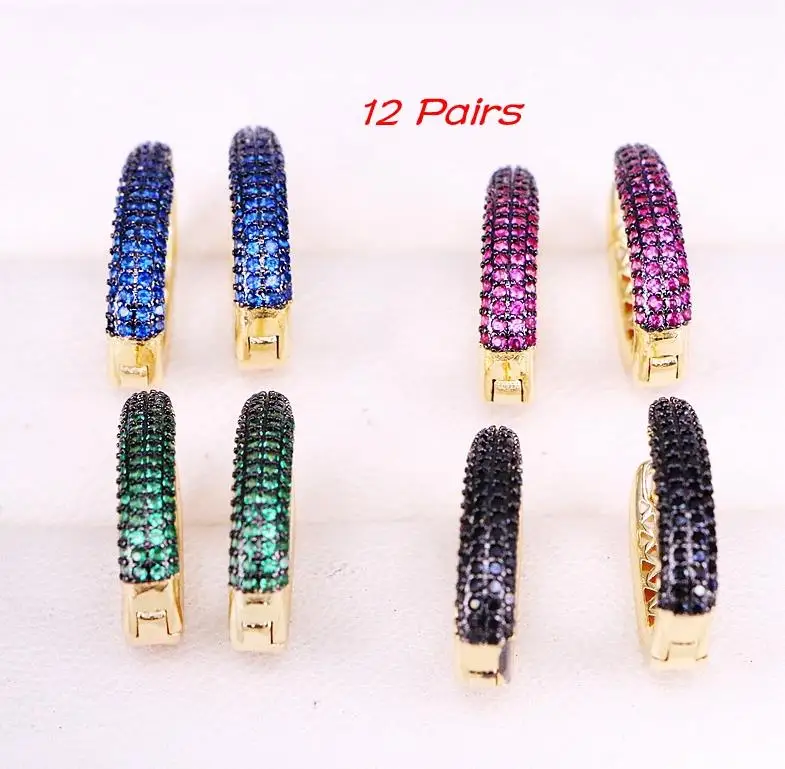 12 Pairs ZYZ-9686 золотого цвета u-образные серьги-кольца для женщин Роскошные Разноцветные выложенный Циркон CZ серьги - Окраска металла: 12 Pairs