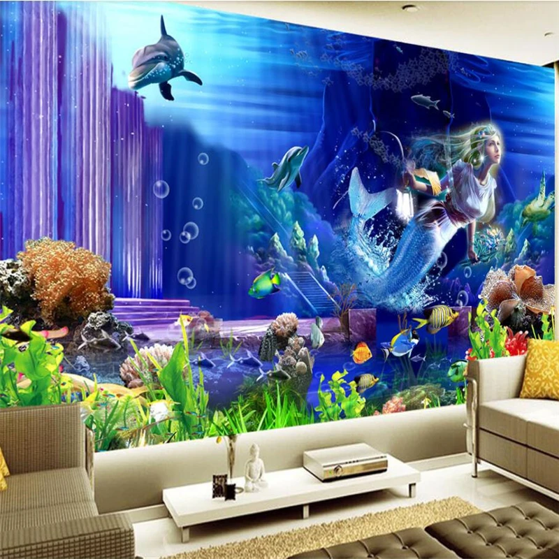 

wellyu Underwater World 3d Palace Mermaid TV Sofa Wall Custom Large Mural Green Wallpaper papel de parede para quarto