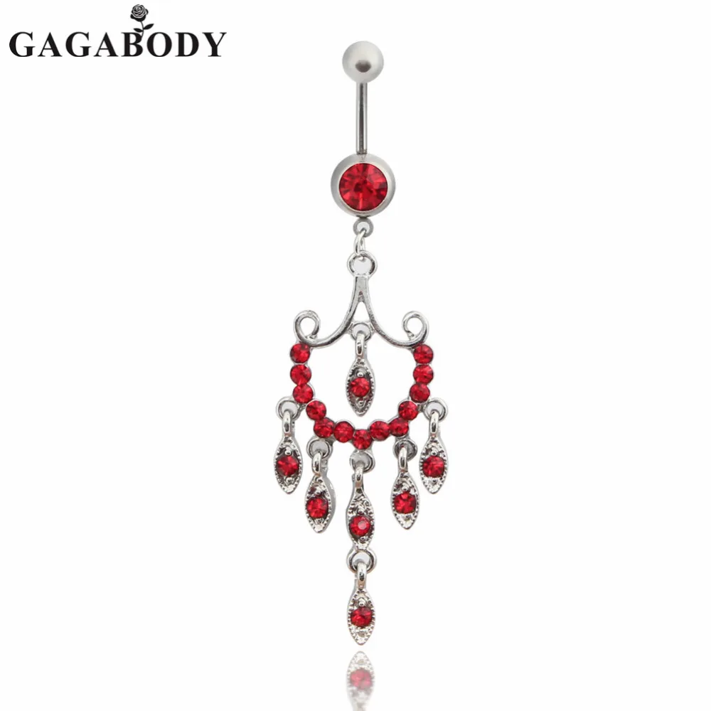 Hot Selling Red Rhinestone Dangle Belly Ring 316L Stainless Steel Body