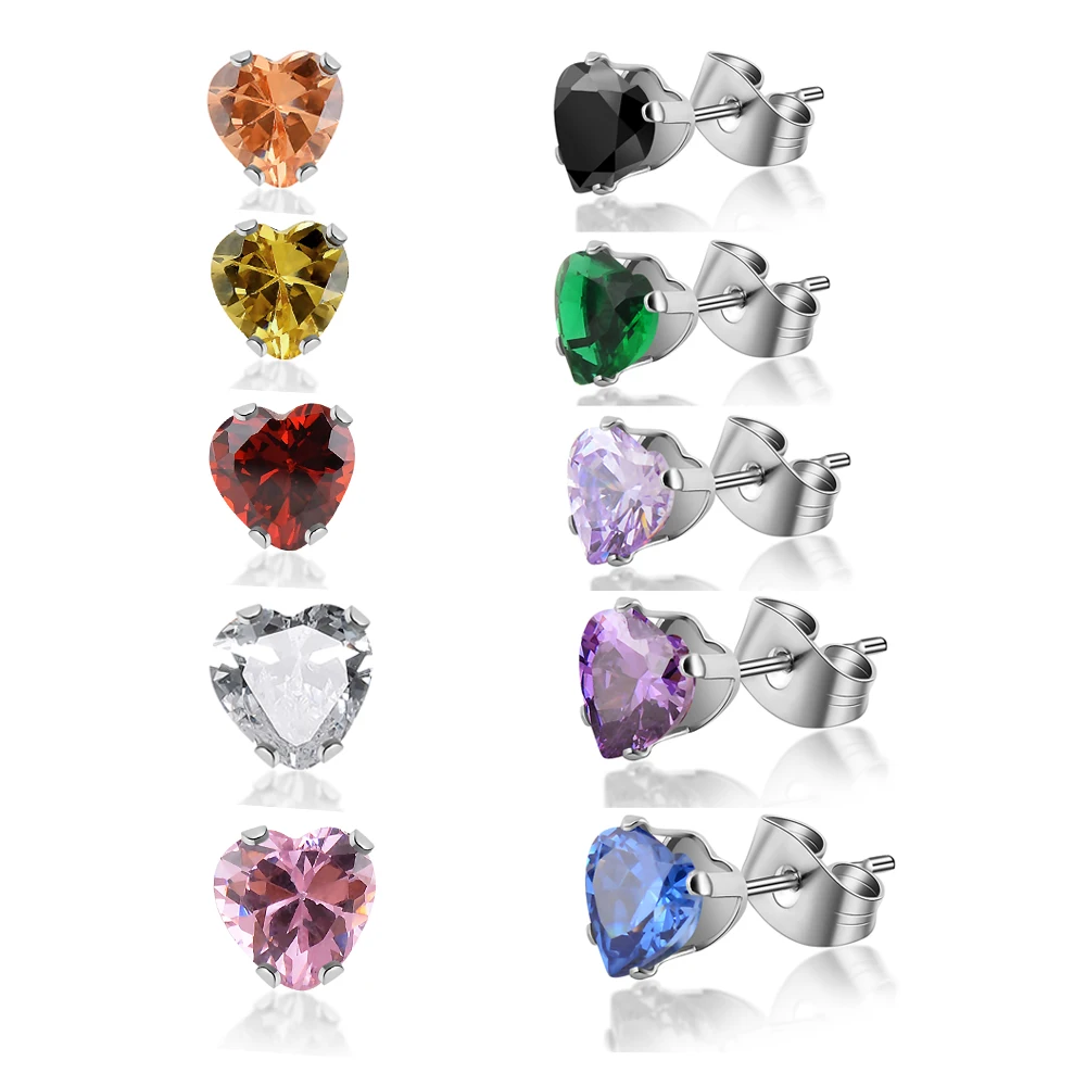 

1 pair 6mm Cubic Zircon Heart Stud Earrings For Women geometry Fashion Design Brincos Bijoux Jewelry 10 colors