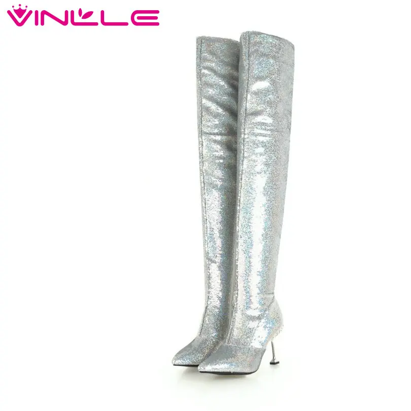 

VINLLE 2019 Women Over The Knee High Boots Platform All Match Pointed Toe PU Leather Women Motorcycle Boots Size 34-43