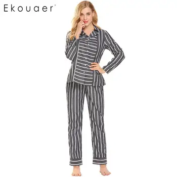

Ekouaer Women Pajamas Set Two Pieces Sleepwear Suit Cotton Polyester Long Sleeve Striped Tops Long Pants Pyjamas Sets Nightwear