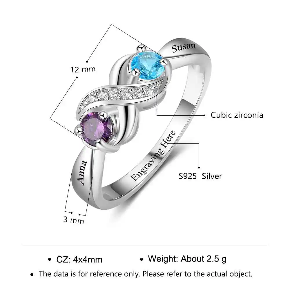 Infinity Love Promise Rings Personalized Birthstone Engrave 2 Names 925 Sterling Silver Jewelry Gift For Her (JewelOra RI103265)