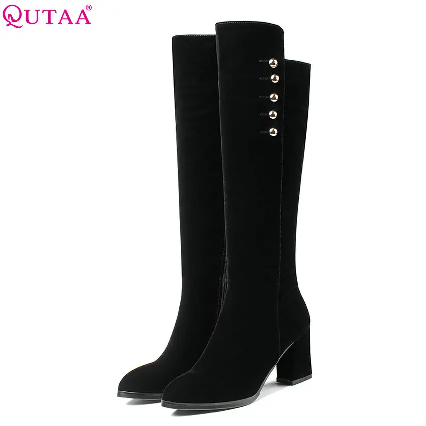 

QUTAA 2018new Arrivel Women Knee High Boots Solid Casual Square High Heel Pointed Toe Cow Suede Women Boots Size 34-40