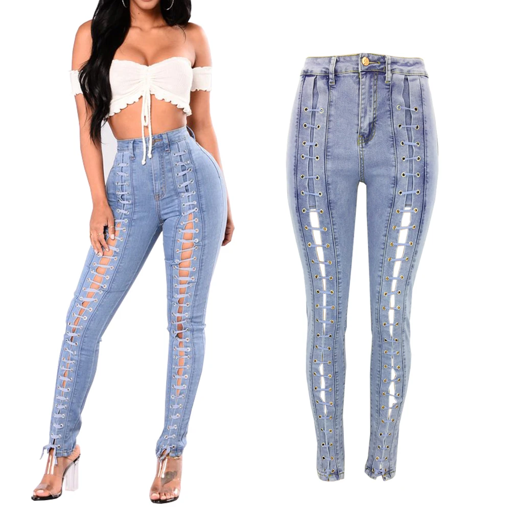 

Jeans Woman Light Blue Button Bandage Corns Hollow Out High Waist Jeans Streetwear Fashion Skinny Jeans Women jean femme D40