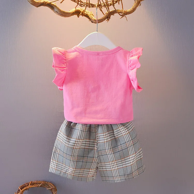 Розничная ; детская одежда; футболка с рисунком и клетчатые шорты; Комплект для девочек; летние комплекты из 2 предметов для маленьких девочек