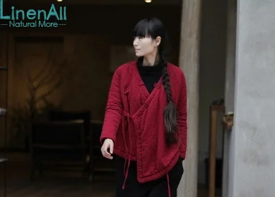 Cheap LinenAll  women' s winter parkas, red dobby double-layer 100% linen V-neck sim autumn jacket female YIJIU