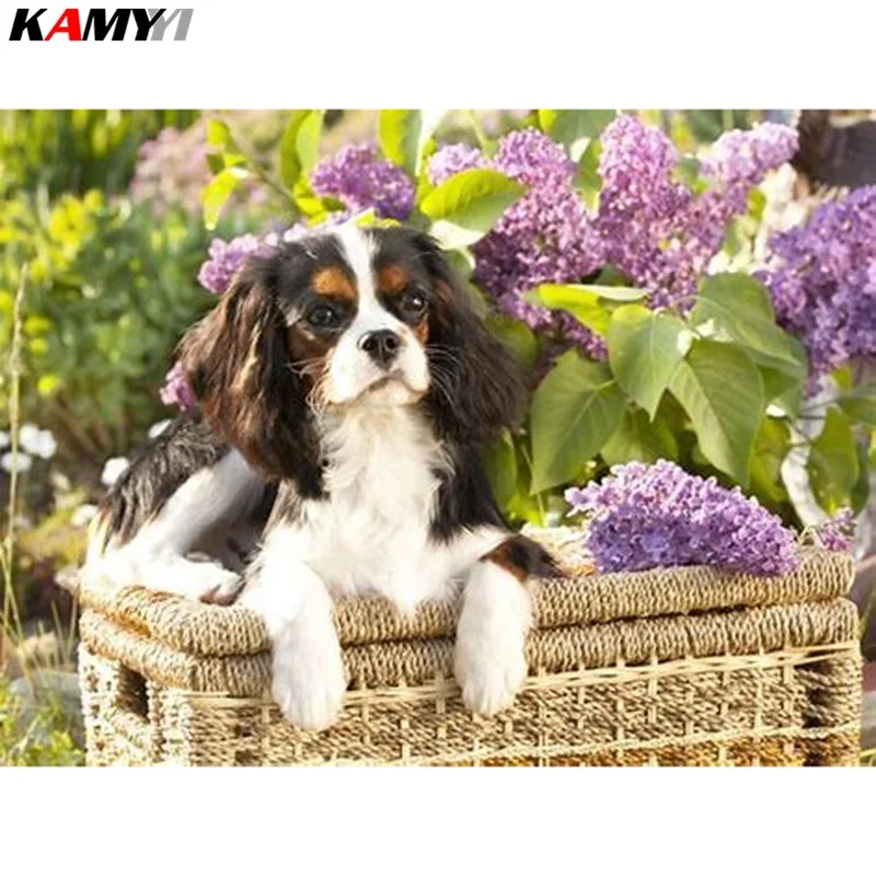 

Diamond Painting Cross Stitch dog in basket DIY 5D Diamond Mosaic Embroidery Picture of Rhinestone Home Decor XY1