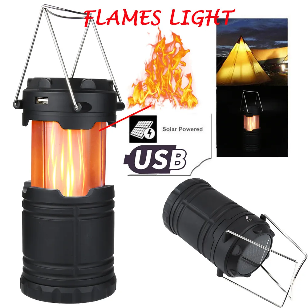

USB Solar LED Portable Light Rechargeable Lantern Outdoor Camping Hiking Flames ASB Black Stretching Switch #5S10