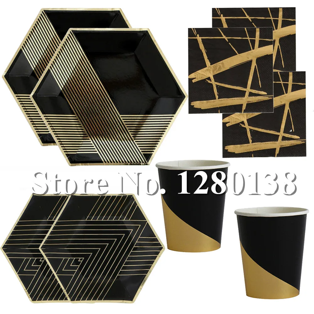Black&Gold Foil Paper Plates Dinner Napkins Disposable Cups First