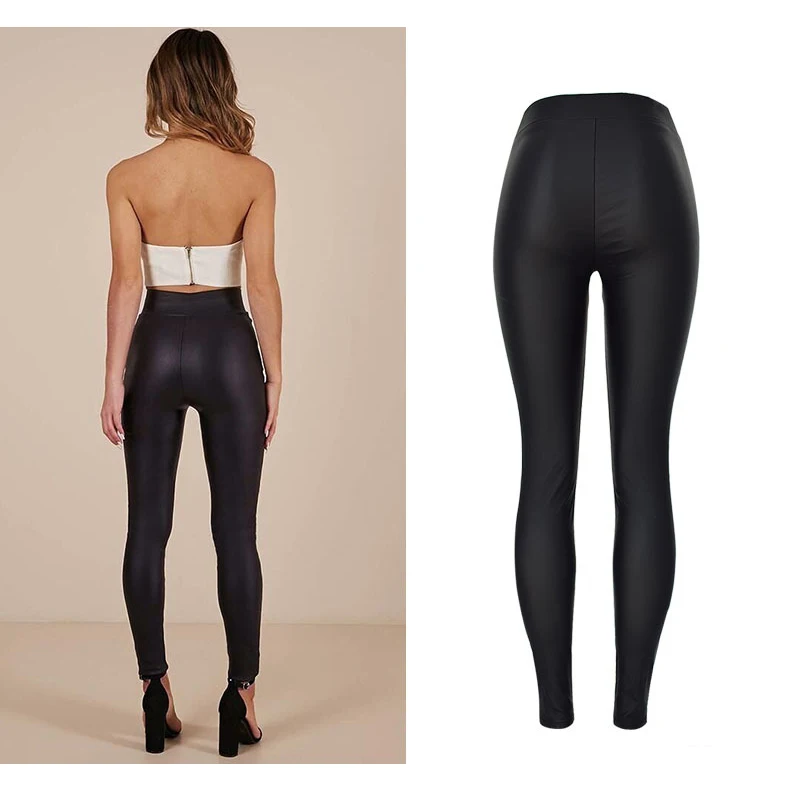 Women's high-waist slim body elastic metal open-hole binding belt elastic waist coating PU imitation leather jean small leg pants (3)