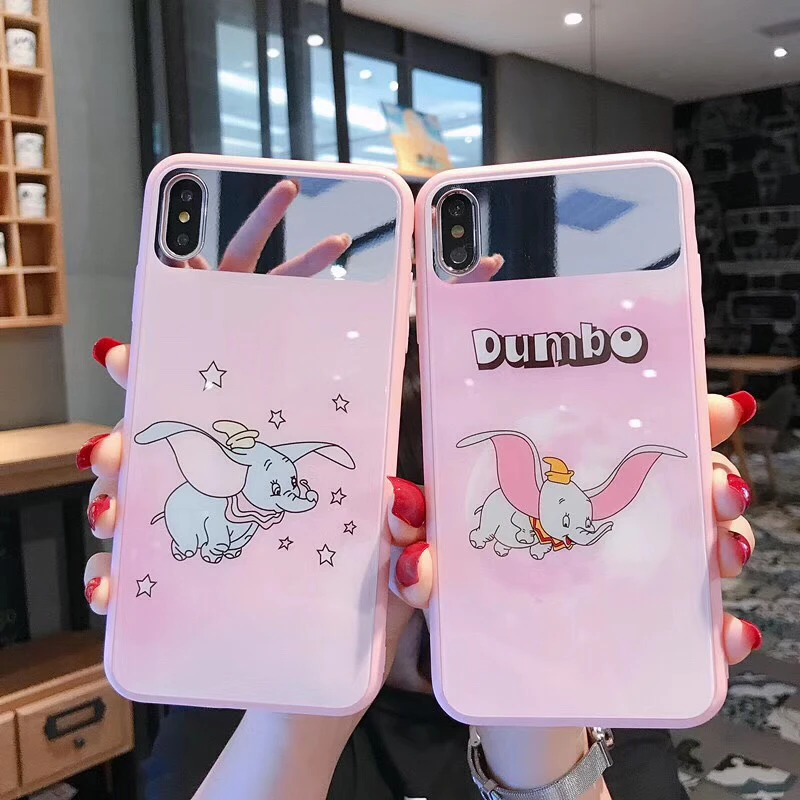 

KAIEN pink mirror Glass cute cartoon DUMBO Fashion cover for Apple Mobile phone case for iPhone 6 6s 7 7plus 8 8plus X XR XS MAX
