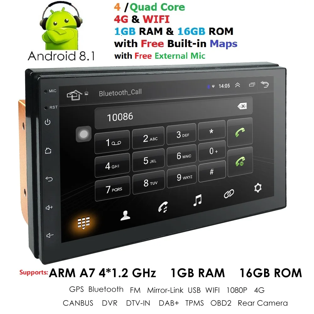 

2 Din 7'' Quad Core Universal Android 8.1 1GB RAM Car Radio Stereo GPS Navigation WiFi 1024*600 Touch Screen 2din Car PC 4G DAB+