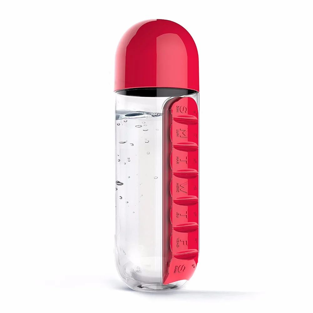 600 ملليلتر Bpa الحرة تريتان مريحة زجاجة المياه البلاستيكية مع اليومية حبوب منع الحمل مربع المنظم الشرب جولة رياضية المشي زجاجات