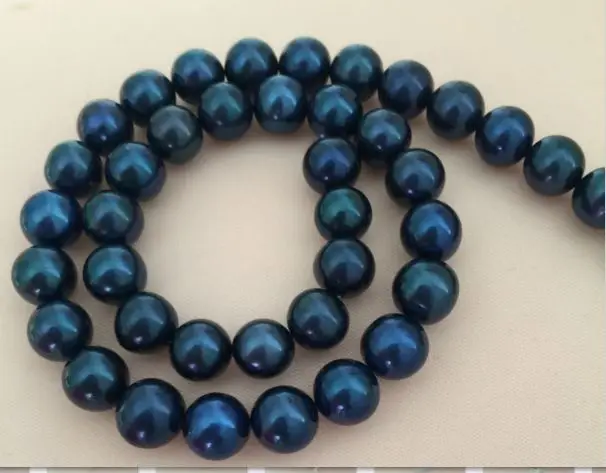 

stunning 10-11mm round tahitian black blue pearl necklace18inch 14k/20
